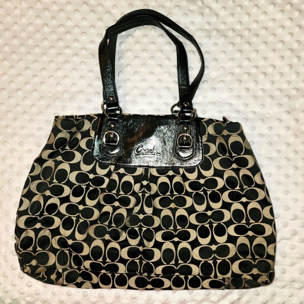 Coach Black Gray Signature Jacquard Patent Leather Handbag Ashley M1051-…